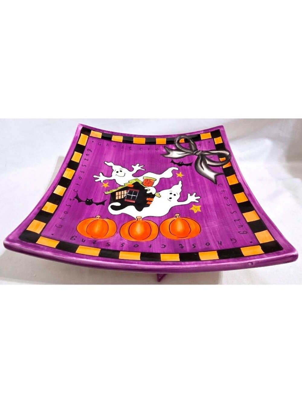Halloween Ghost Crossing pedestal CANDY DISH purple Haunted House serving bowl